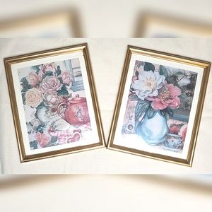 Vintage Floral Prints Teapot Teacup Framed Picture Set